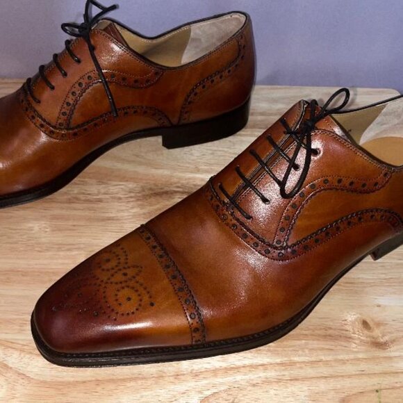 Size 14 M Magnanni Brogue Derby Medallion Toe Oxford Cognac Mens Dress 13975 main image 4